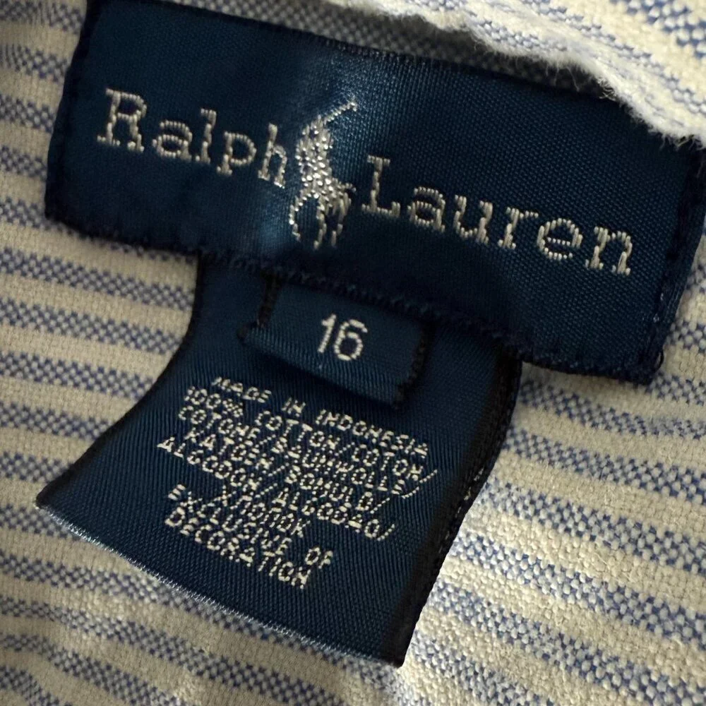 Ralph Lauren Kids Long Sleeve Button Down Blue & White Stripe Sz 16